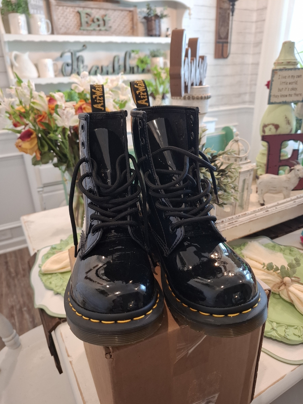 Dr. Martens Black Patent Lace-Up Women's Boots with Yellow Stitching